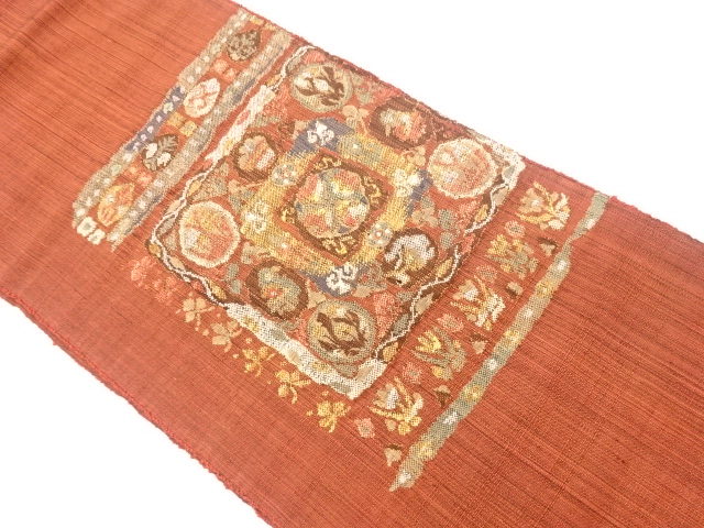 JAPANESE KIMONO / VINTAGE NAGOYA OBI / TSUMUGI / WOVEN ABSTRACT FLORAL PLANTS